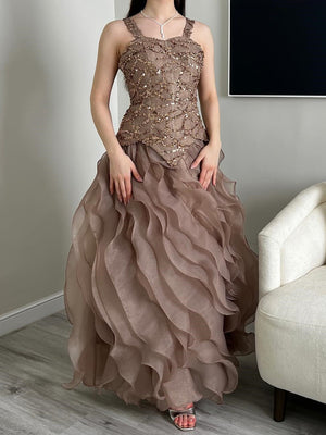 A-line Straps Sequin Floor-Length Tulle Corset Prom Dress