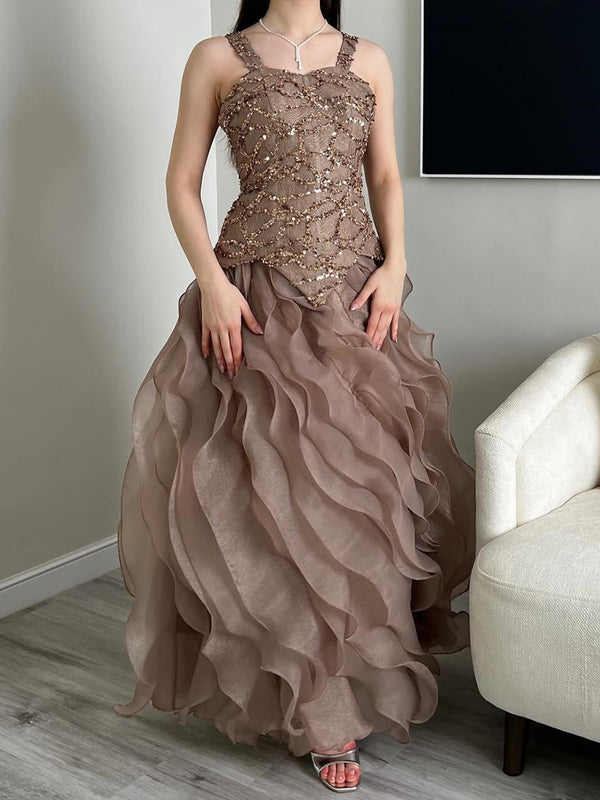A-line Straps Sequin Floor-Length Tulle Corset Prom Dress