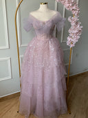 A-line Off-the-Shoulder Sequin Floor-Length Corset Prom Dress