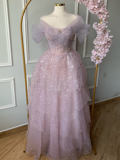 A-line Off-the-Shoulder Sequin Floor-Length Corset Prom Dress