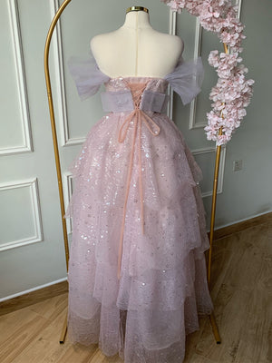 A-line Off-the-Shoulder Sequin Floor-Length Corset Prom Dress
