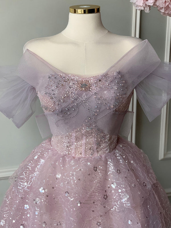 A-line Off-the-Shoulder Sequin Floor-Length Corset Prom Dress