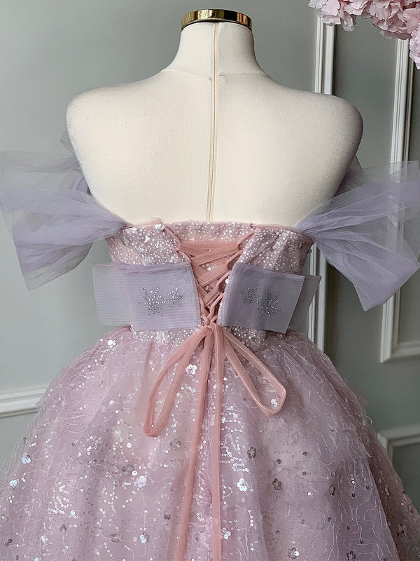A-line Off-the-Shoulder Sequin Floor-Length Corset Prom Dress