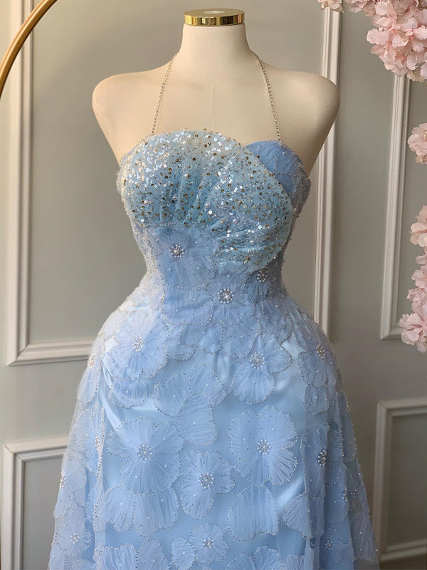 A-line Halter Sequin Ankle-Length Lace Prom Dress