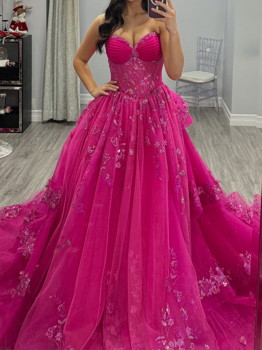 A-line Sweetheart Appliques Lace Court Train Tulle Corset Prom Dress