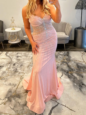 Sheath Sweetheart Beading Sweep Train Stretch Crepe Prom Dress