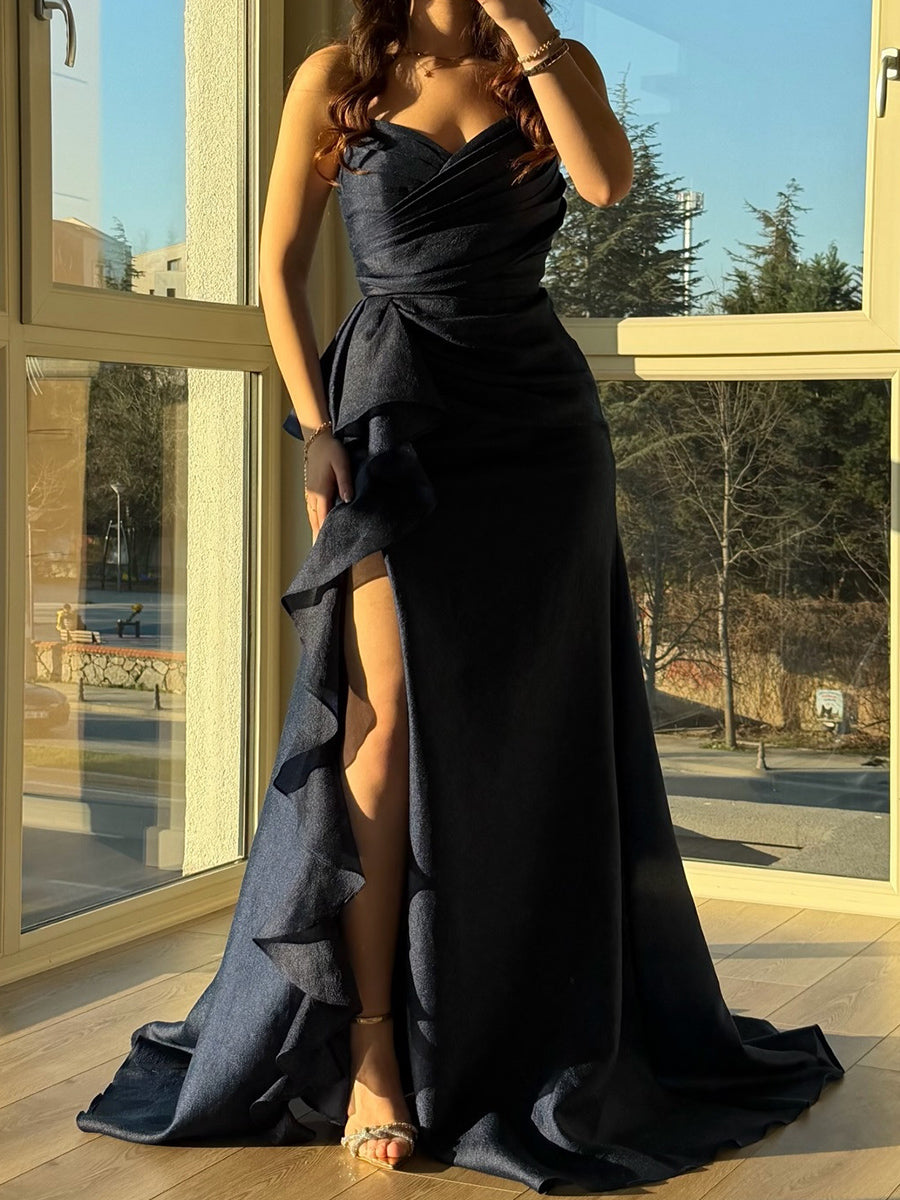A-line Sweetheart Pleated Sweep Train Corset Prom Dress