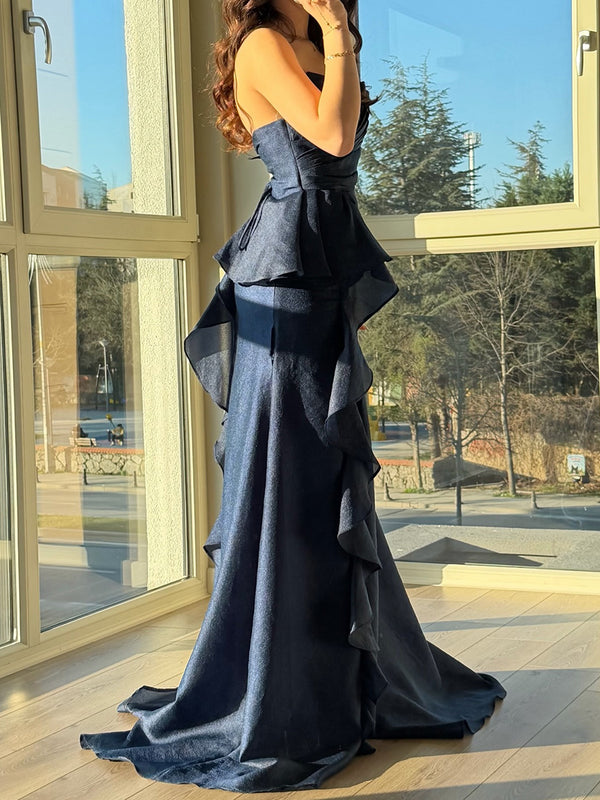 A-line Sweetheart Pleated Sweep Train Corset Prom Dress