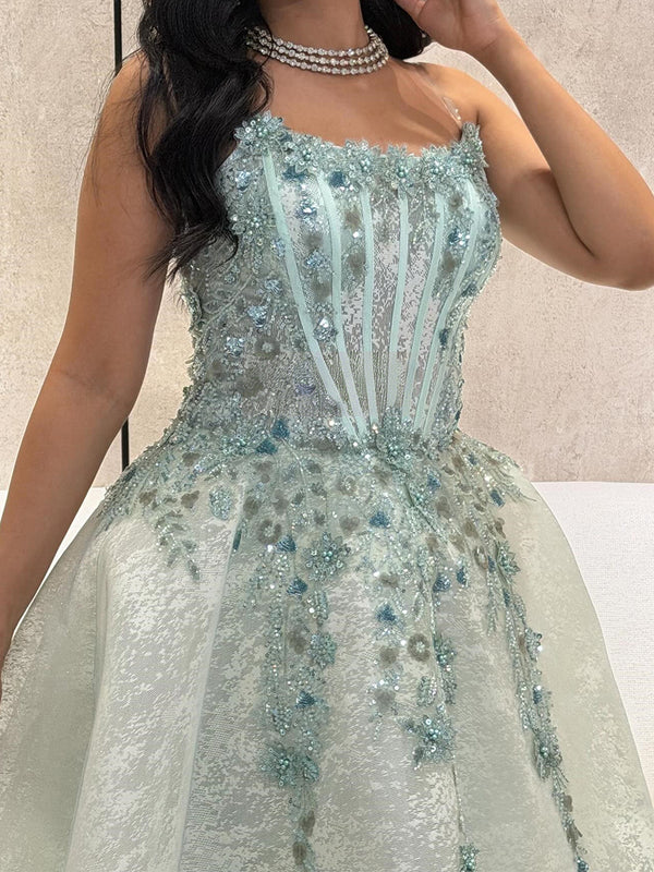 A-line Square Sequin Floor-Length Tulle Corset Prom Dress