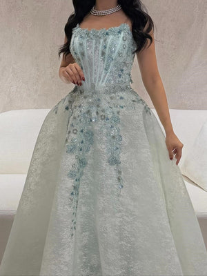 A-line Square Sequin Floor-Length Tulle Corset Prom Dress
