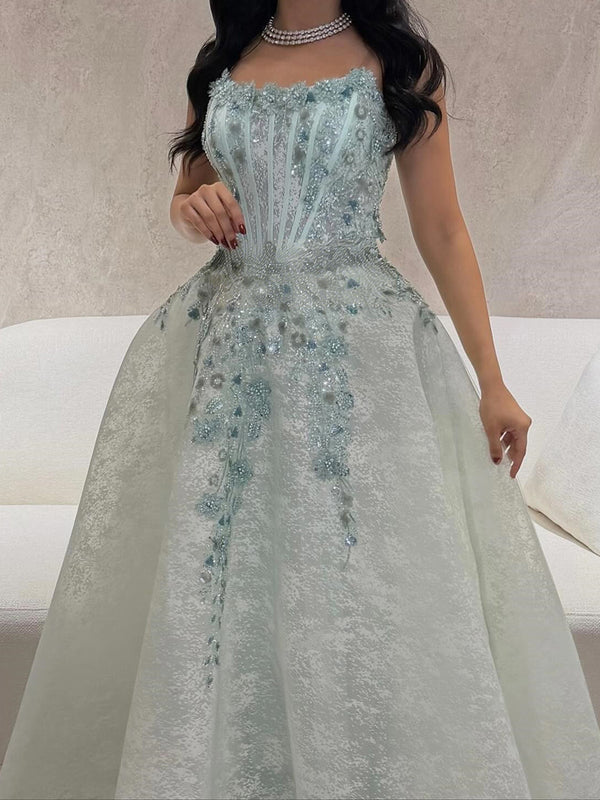 A-line Square Sequin Floor-Length Tulle Corset Prom Dress