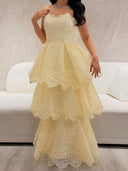 A-line Straight Cascading Ruffles Floor-Length Prom Dress