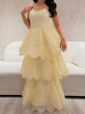 A-line Straight Cascading Ruffles Floor-Length Prom Dress