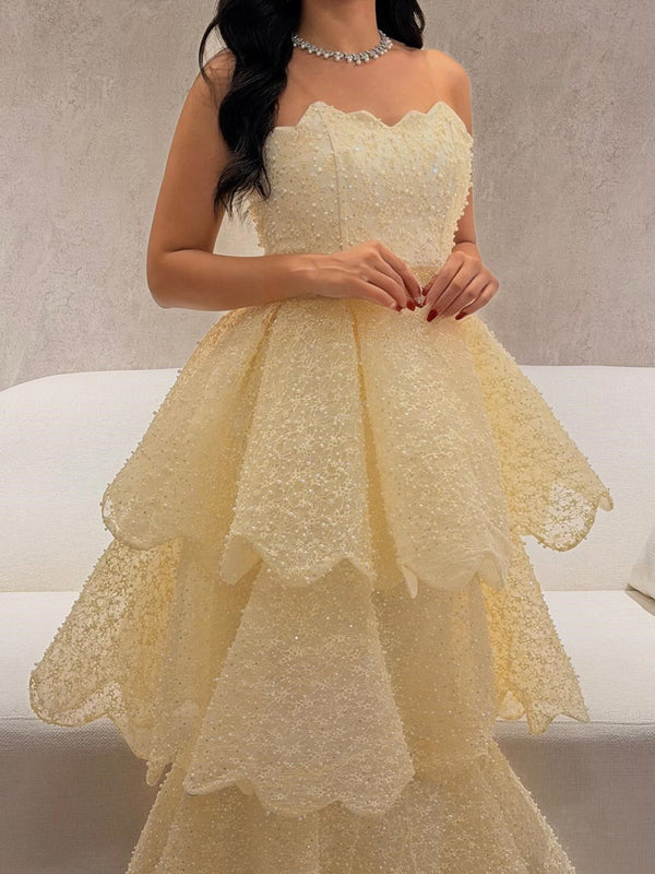 A-line Straight Cascading Ruffles Floor-Length Prom Dress