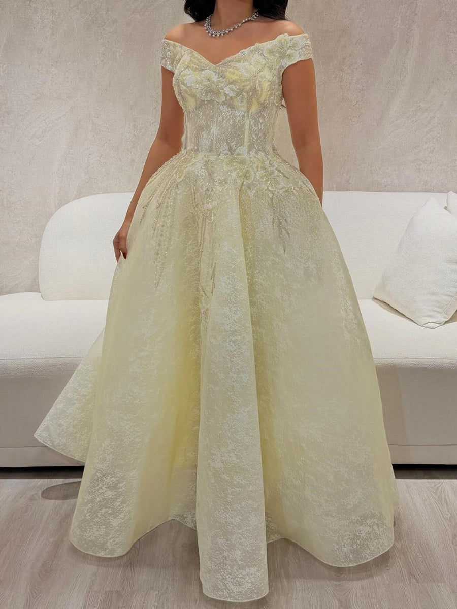 A-line Off-the-Shoulder Ruffles Floor-Length Tulle Corset Prom Dress