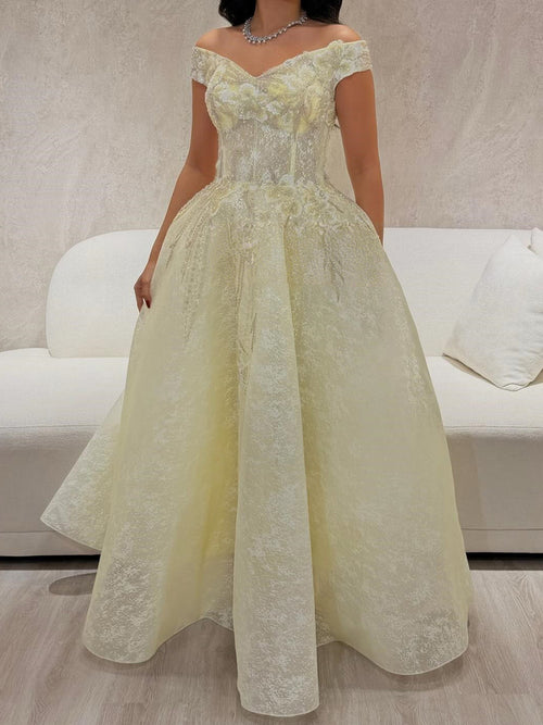 A-line Off-the-Shoulder Ruffles Floor-Length Tulle Corset Prom Dress