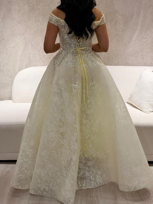 A-line Off-the-Shoulder Ruffles Floor-Length Tulle Corset Prom Dress