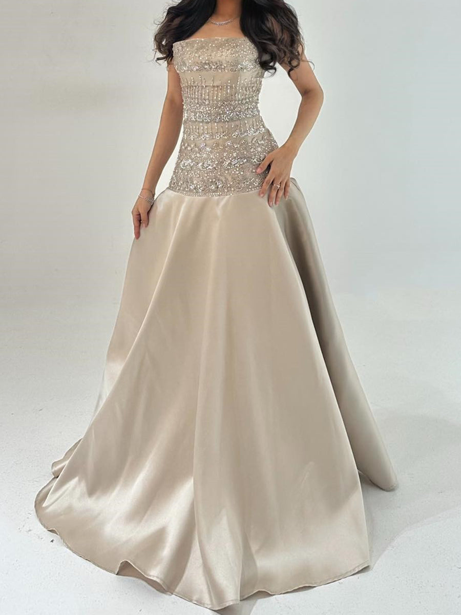 A-line Straight Sequin Floor-Length Silk Like Satin Corset Prom Dress