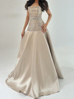 A-line Straight Sequin Floor-Length Silk Like Satin Corset Prom Dress