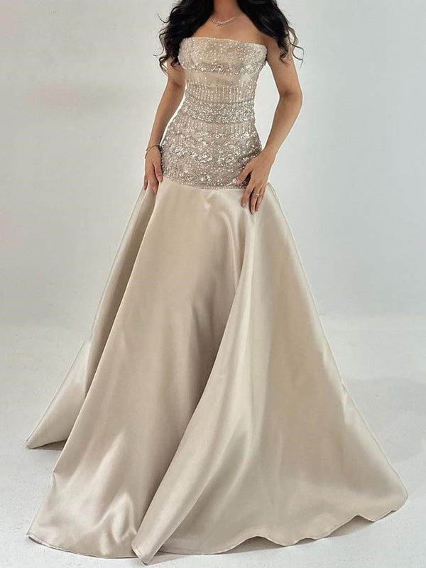A-line Straight Sequin Floor-Length Silk Like Satin Corset Prom Dress