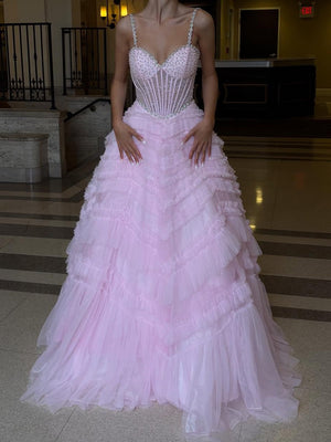A-line Spaghetti Straps Cascading Ruffles Sweep Train Tulle Corset Prom Dress