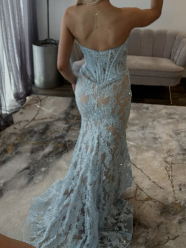 Mermaid Sweetheart Appliques Lace Sweep Train Lace Corset Prom Dress