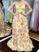 A-line Sweetheart Cascading Ruffles Sweep Train Lace Corset Prom Dress