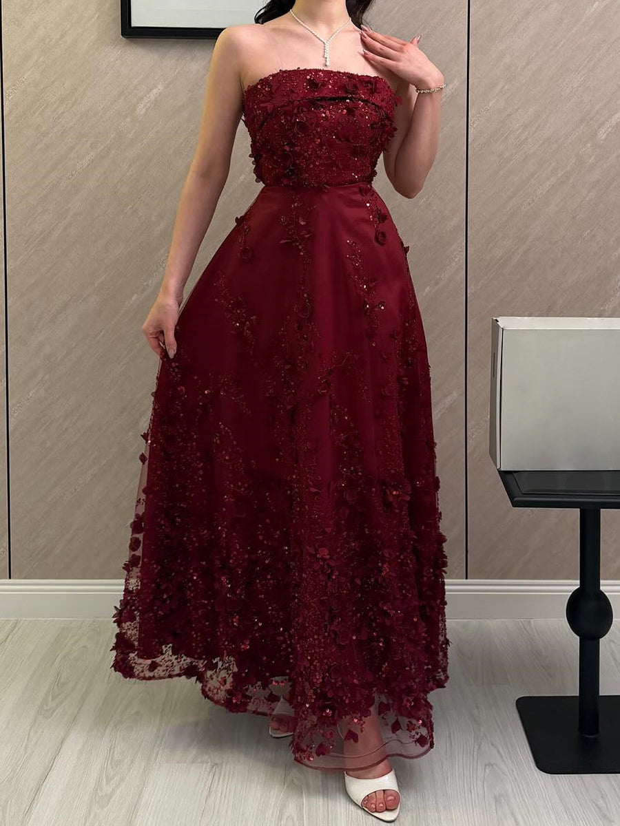 A-line Straight Flower Ankle-Length Tulle Corset Prom Dress