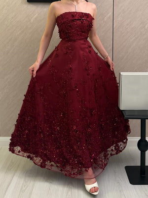 A-line Straight Flower Ankle-Length Tulle Corset Prom Dress