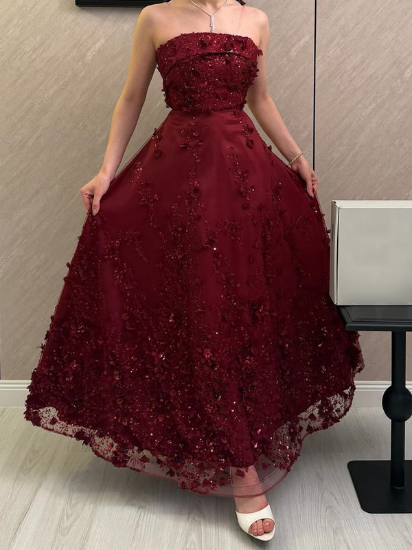 A-line Straight Flower Ankle-Length Tulle Corset Prom Dress