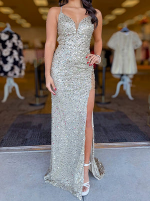 Sheath Spaghetti Straps Sequin Sweep Train Prom Dress