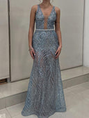 Sheath V-neck Sequin Sweep Train Prom Dress