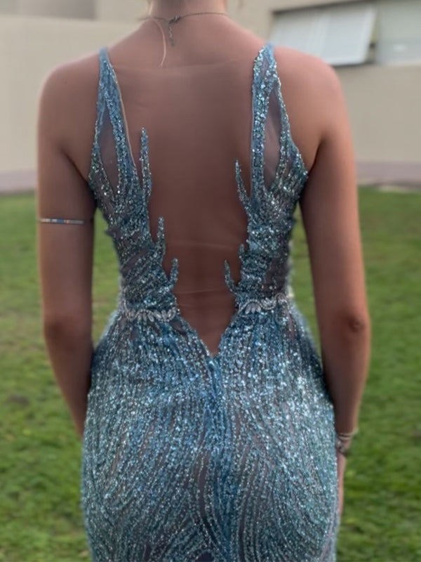 Sheath V-neck Sequin Sweep Train Prom Dress