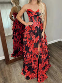 A-line Sweetheart Cascading Ruffles Floor-Length Chiffon Corset Prom Dress