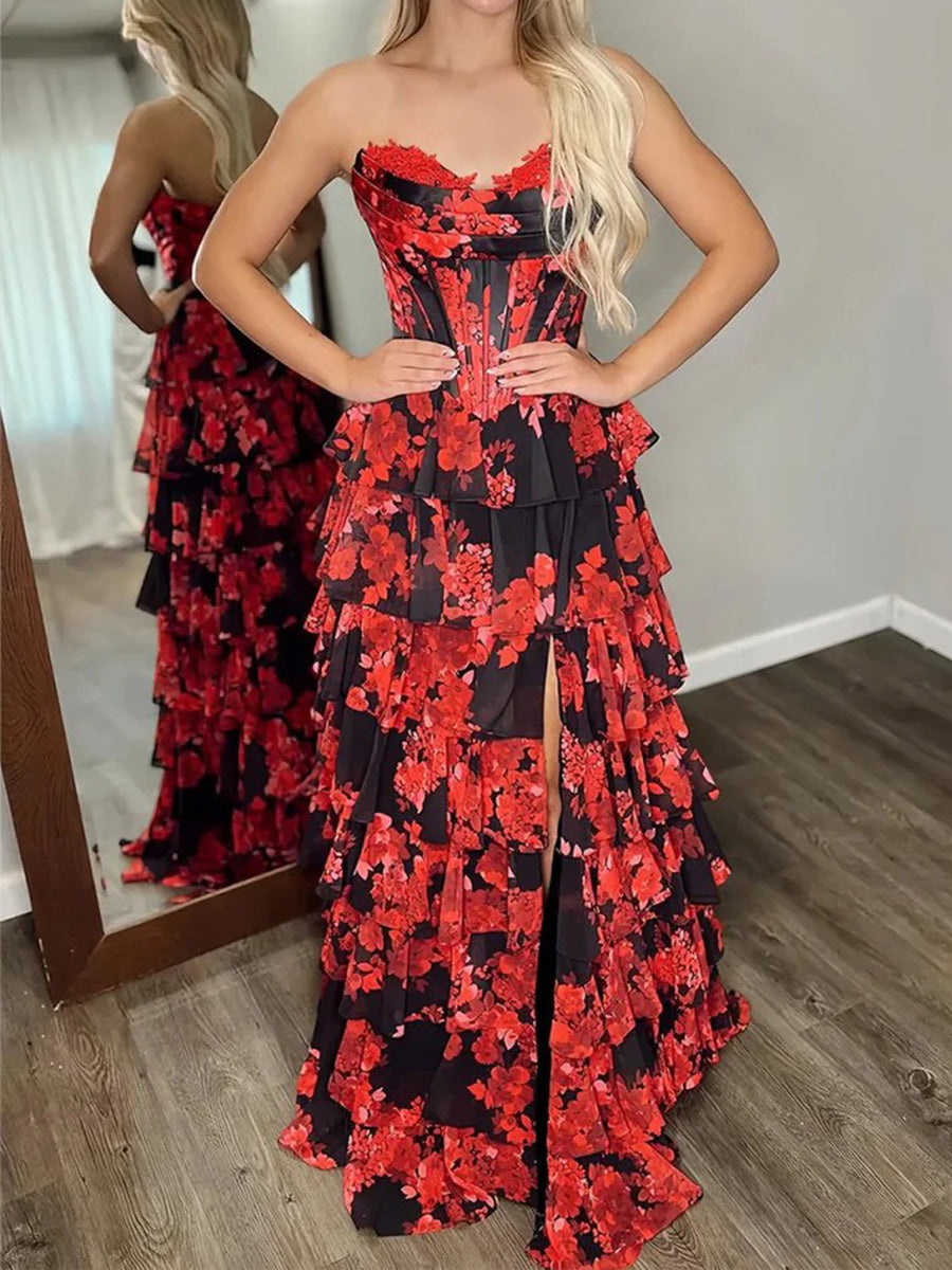 A-line Sweetheart Cascading Ruffles Floor-Length Chiffon Corset Prom Dress