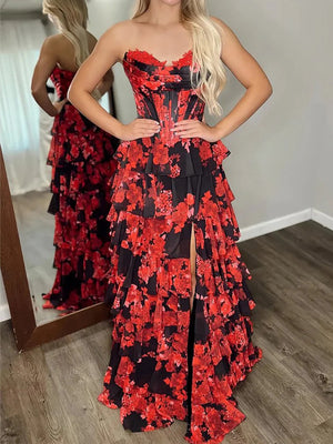 A-line Sweetheart Cascading Ruffles Floor-Length Chiffon Corset Prom Dress