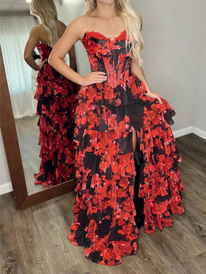 A-line Sweetheart Cascading Ruffles Floor-Length Chiffon Corset Prom Dress