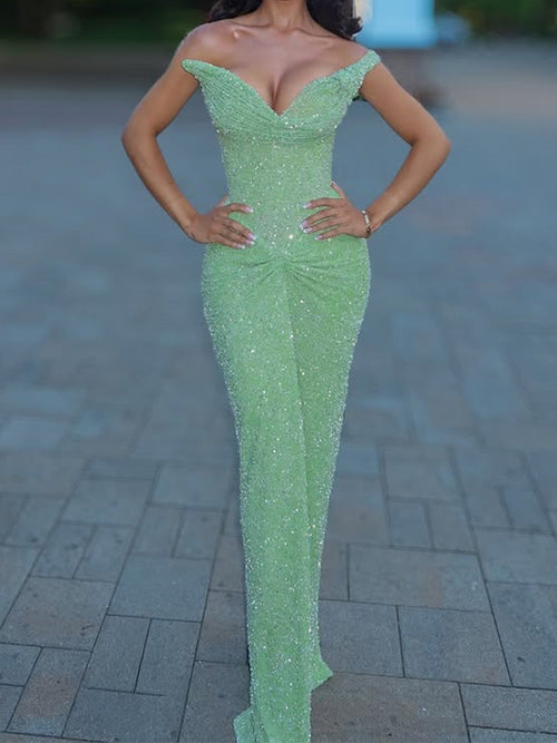 Sheath Off-the-Shoulder Sequin Floor-Length Prom Dress