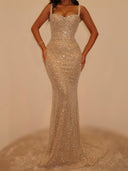Sheath Straps Sequin Chapel Train Prom Dress