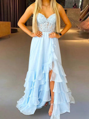 A-line Sweetheart Cascading Ruffles Sweep Train Chiffon Corset Prom Dress