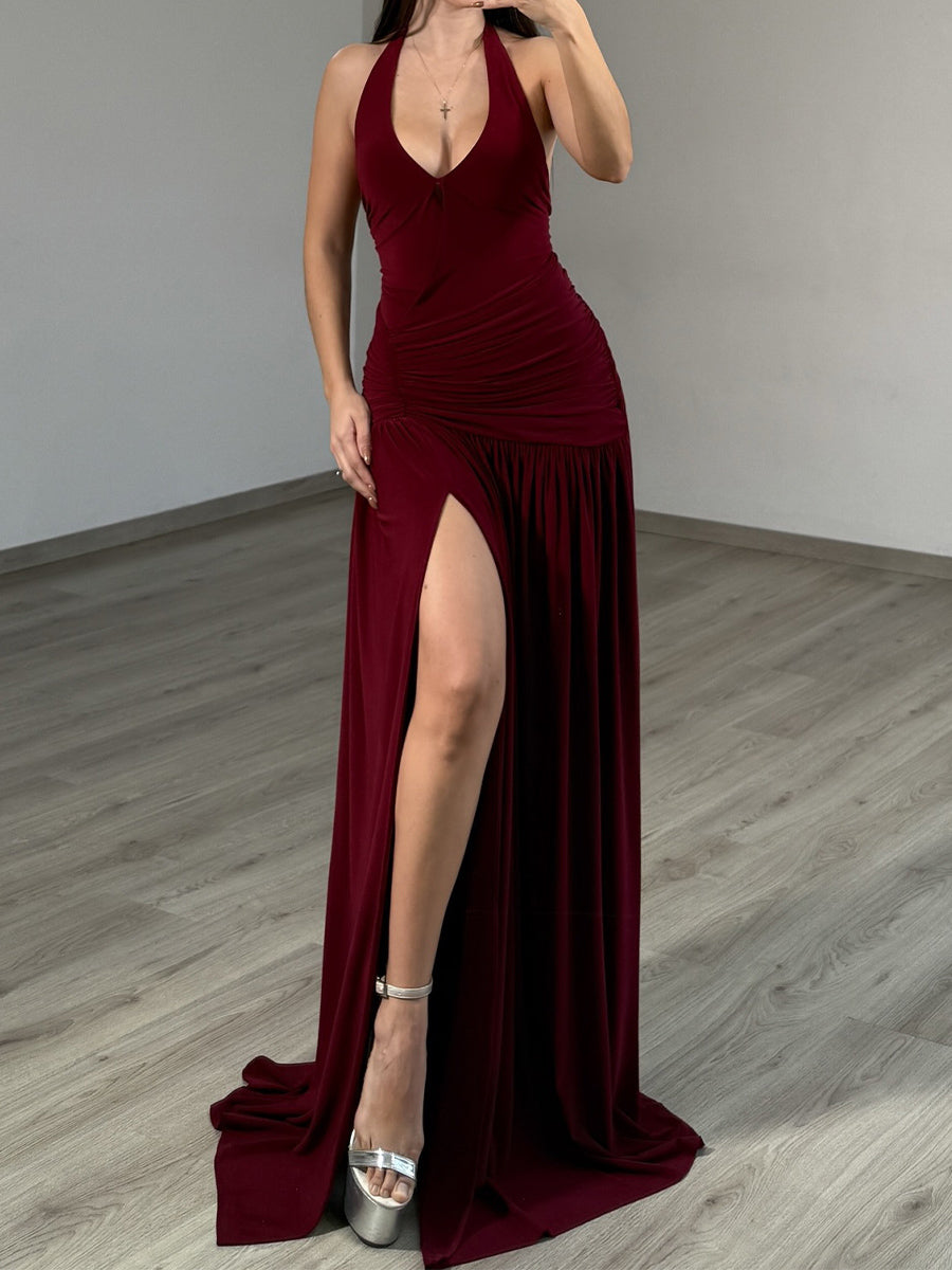 A-line Halter Pleated Sweep Train Jersey Prom Dress