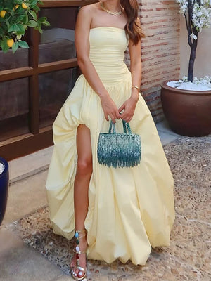 A-line Straight Pleated Floor-Length Satin Prom Dress