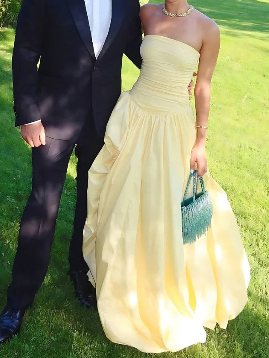 A-line Straight Pleated Floor-Length Satin Prom Dress