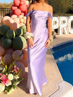 Sheath Off-the-Shoulder Pleated Floor-Length Silk Like Satin Prom Dress