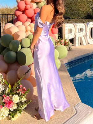 Sheath Off-the-Shoulder Pleated Floor-Length Silk Like Satin Prom Dress