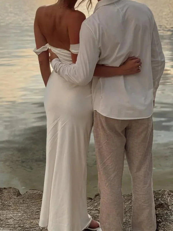 Sheath Off-the-Shoulder Pleated Floor-Length Silk Like Satin Prom Dress