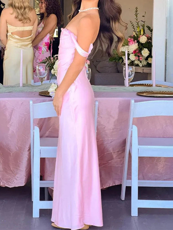 Sheath Off-the-Shoulder Pleated Floor-Length Silk Like Satin Prom Dress