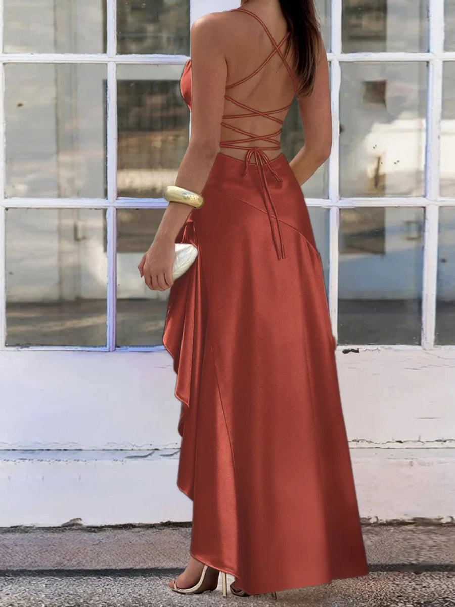 Sheath Spaghetti Straps Ruffles Floor-Length Silk Like Satin Prom Dress