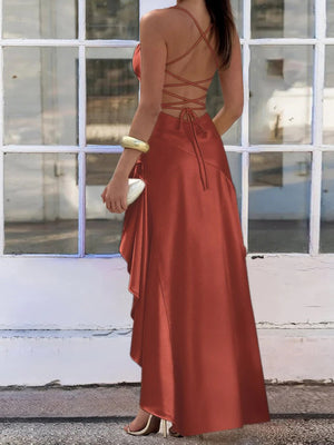 Sheath Spaghetti Straps Ruffles Floor-Length Silk Like Satin Prom Dress