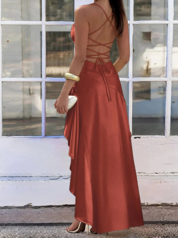 Sheath Spaghetti Straps Ruffles Floor-Length Silk Like Satin Prom Dress